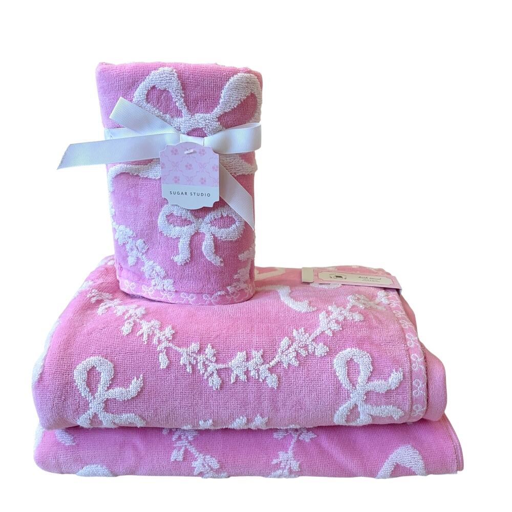 4pc Plush Pink & White BOW Towel Set - 2 Hand 2 Bath Cotton Chic Bath NEW